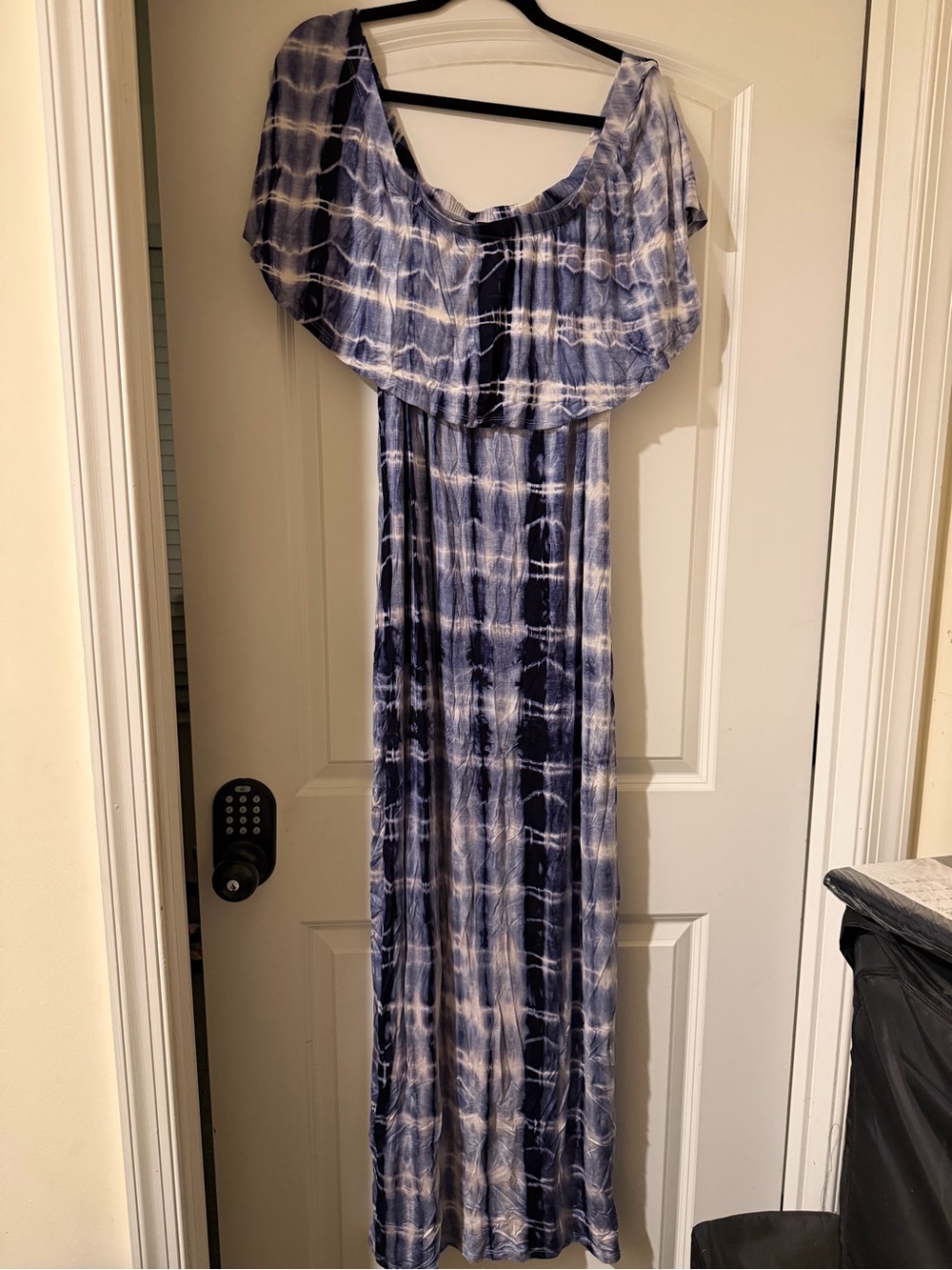 Fashion Nova Navy and White Tie-Dye Off-Shoulder Maxi Dress